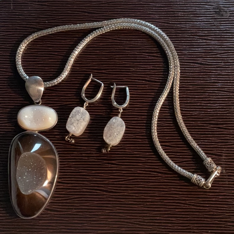Druzy Stone Necklace & Earrings In Sterling Silver